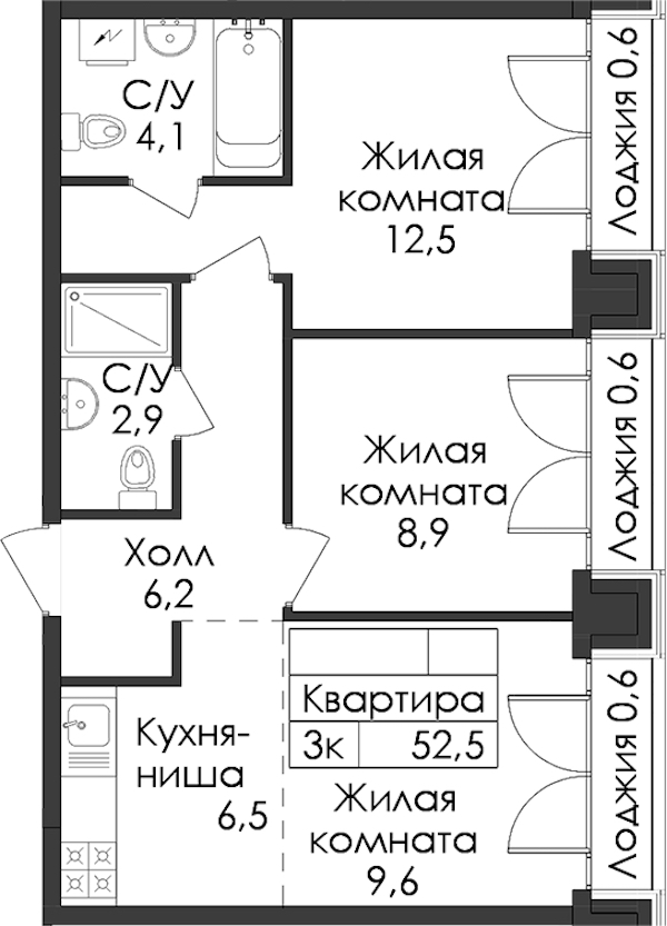 2-комнатная квартира 52.5 м², 9/9 эт., ЖК «Лермонтовский 54»